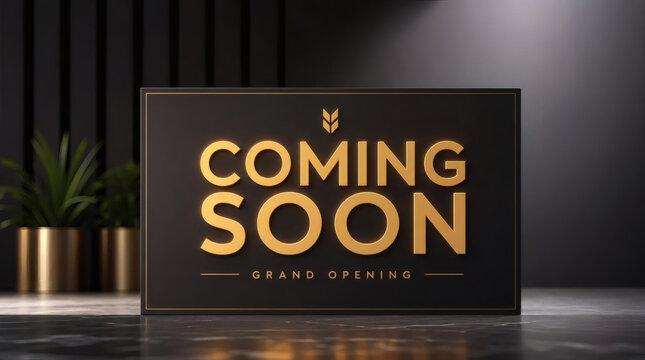 sleek modern coming soon sign with grand opening concept futuristic luxury advertising