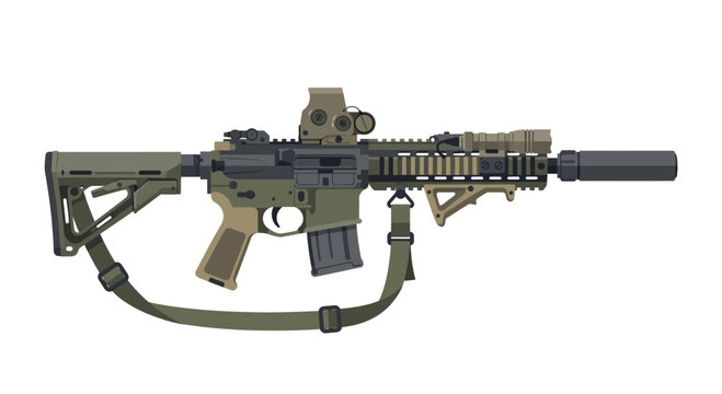 Modern tactical assault rifle with optical scope and suppressor vector illustration