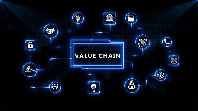 Value Chain Technology Dashboard with Intelligent Enterprise Integration and Digital Business Strategy on Dark Blue Background
