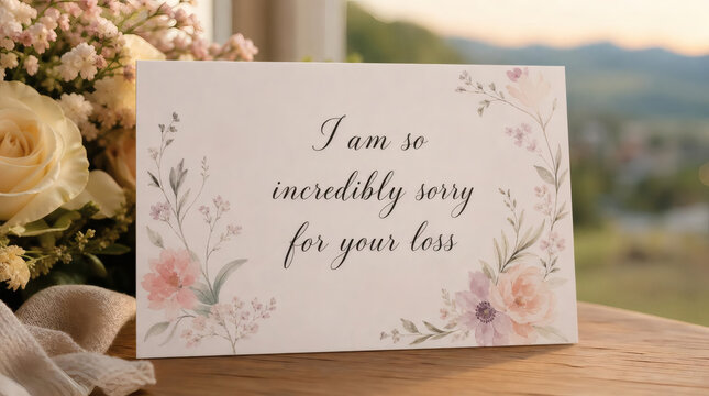 heartfelt condolences sign elegant cursive sorry for your loss sympathy greeting card pastel flowers shallow depth of field warm natural light
