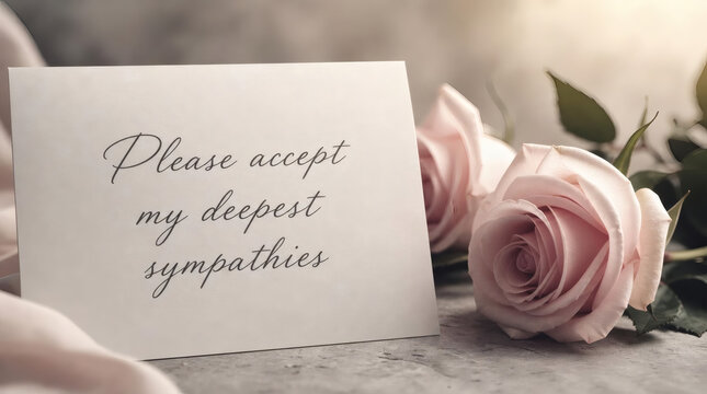 sincere condolences card with pale pink roses classic minimalist sympathy photo handwritten elegant cursive message soft pastel muted colors shallow depth of field