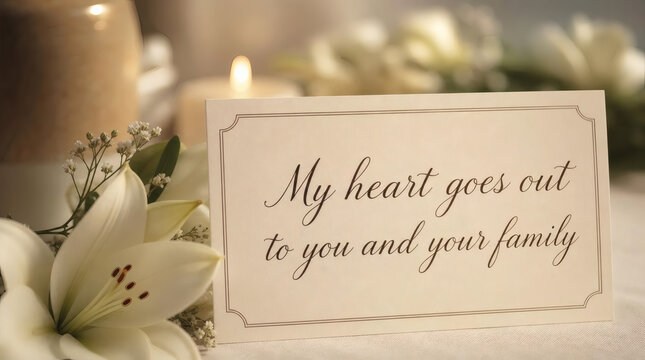 condolence message sign my heart goes out to you and your family sympathy card empathy support elegant cursive typography soft focus background warm neutrals shallow depth of field professional for be