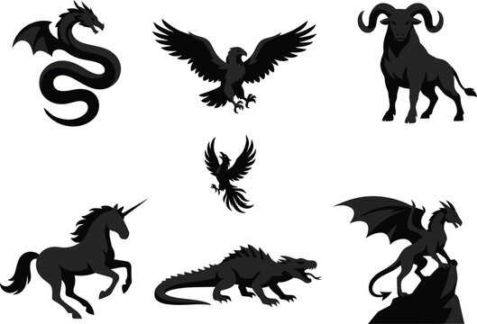 Mythical creature silhouettes featuring dragon, phoenix, unicorn, eagle, ram, and basilisk fantasy designs for magical legendary illustration artwork