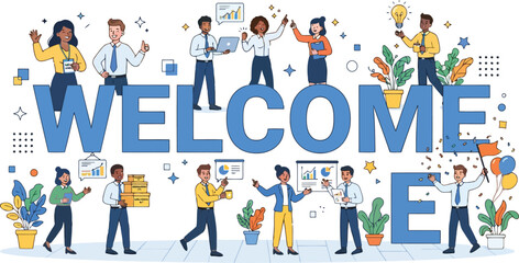 Fototapeta premium Diverse business team welcoming new employees. Corporate onboarding and office greeting concept.