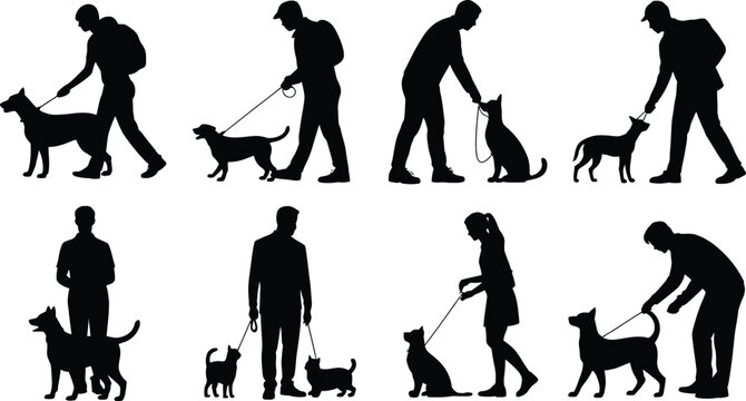 Silhouettes of people walking, training, and interacting with dogs on leashes in outdoor pet care, companionship, and obedience activities