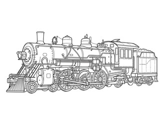 Detailed line art drawing of a vintage steam locomotive engine. © ArtNote