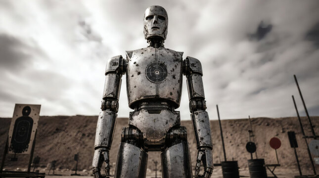 dominant robot shooting target on barren rifle range intense dramatic lighting low angle power shot with motion blur rugged worn metallic texture muted dusty palette shallow depth of field action tact