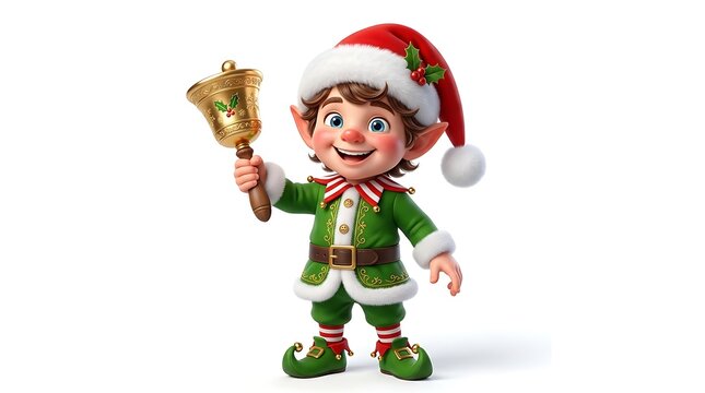Cheerful elf ringing bell festive merry christmas illustration for holiday greetings