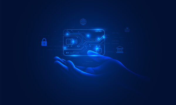 Digital payment glowing virtual credit card in hand with futuristic technology finance or fintech vector dark blue background