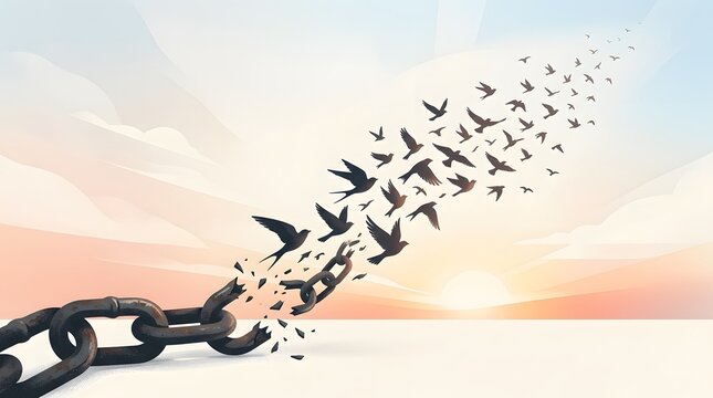Birds breaking free from chains at sunrise, symbolizing liberation