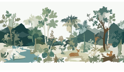 Modern Layered Forest Landscape Mural with Exotic Botanical Elements Vector Illustration © Murad