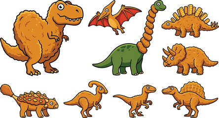 Cute Fast Food Fried Chicken Dinosaur Mascot Character Set Featuring Tyrannosaurus Rex, Brachiosaurus, Triceratops, Pterodactyl, and Stegosaurus Vector Illustrations © Sreemotimadhobi