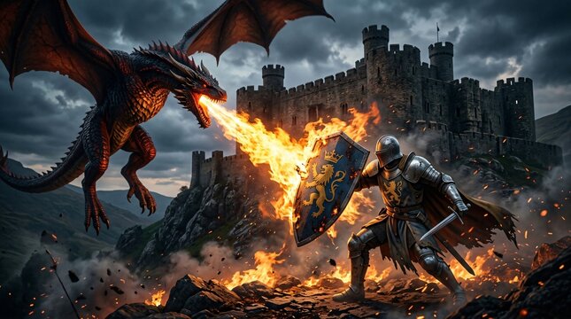 Knight in armor battling a dragon near a medieval castle