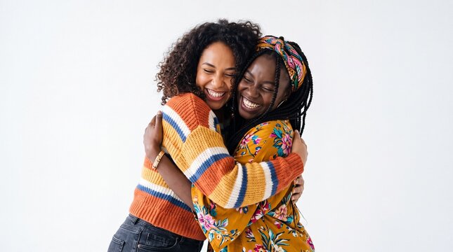 Happy African American women hugging, joyful female friends embracing in studio, diverse black women laughing together against white background