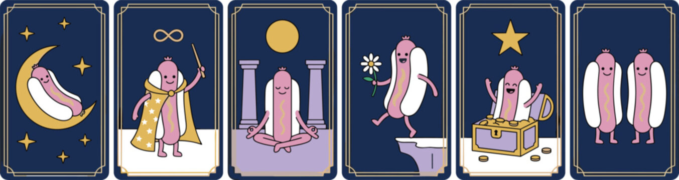 Cute Kawaii Hot Dog Major Arcana Tarot Card Set Featuring The Moon, Magician, High Priestess, The Fool, Star, and The Lovers Vector Illustrations