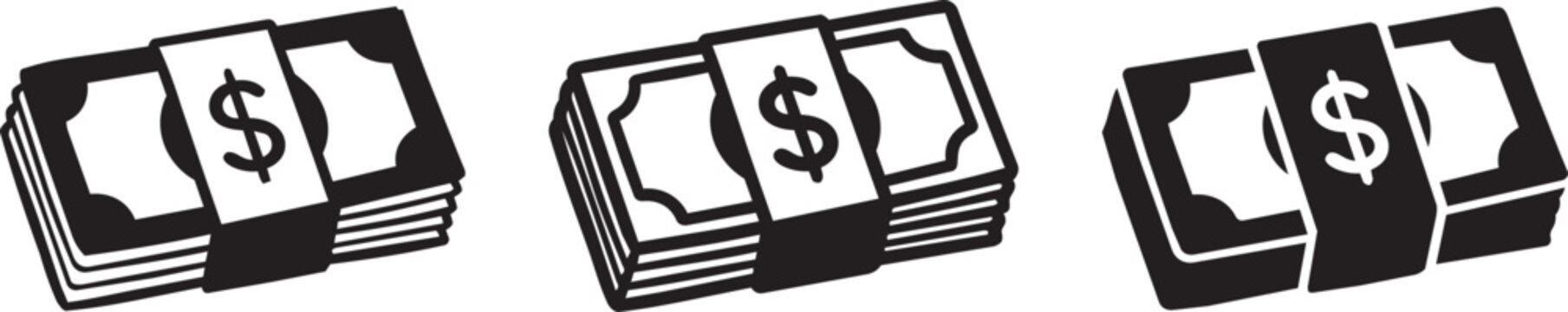 Hand drawn set of money stack icons, bundles of dollar bills with currency symbol, vector illustration. Set vector.