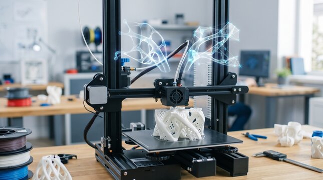 Industrial 3D printer creating complex geometric object with digital visualization high tech industrial technology manufacturing prototyping visualization innovation production engineering