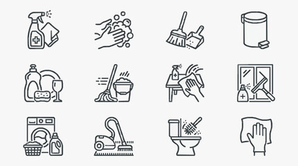 Fototapeta premium Industrial Minimalist Line Icons Set Showcasing Cleaning and Household Maintenance Activities in Black and White