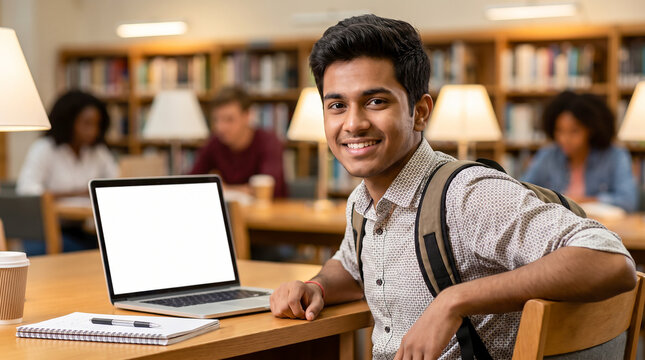 Cheerful Indian male student at library table with laptop blank white screen mockup