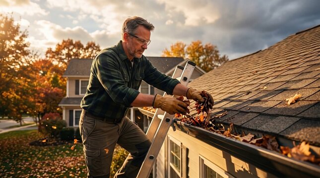 man on a ladder wearing safety glasses and gloves cleans a roof gutter filled with autumn leaves, performing essential home maintenance during a sunny fall day.