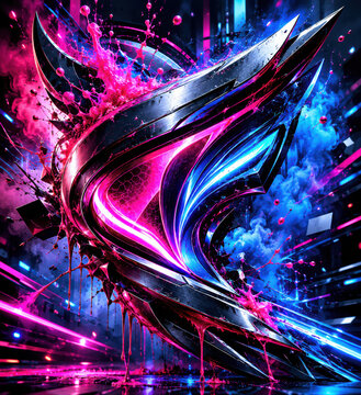 Abstract neon glowing swirl shape with liquid paint splashes isolated on white background