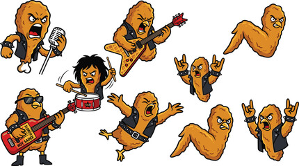 Heavy Metal Rock Band Fried Chicken Mascot Character Set with Drummer, Guitarist, Bassist, Vocalist, and Spiky Leather Jacket Vector Illustrations