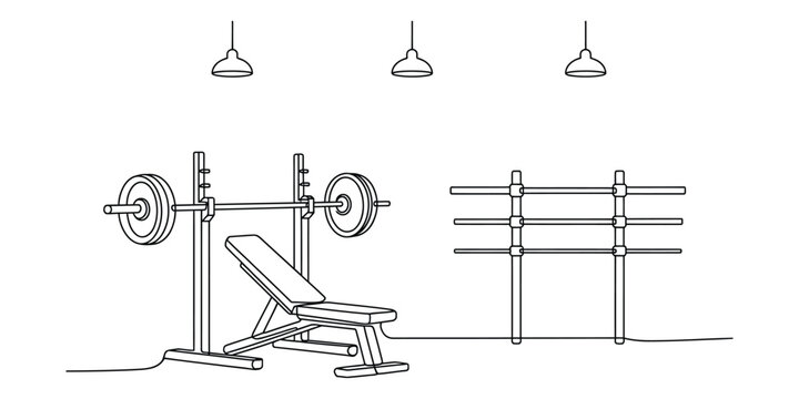 Gym weight bench and barbell rack line drawing