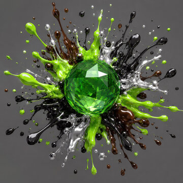 Green gemstone with dynamic liquid paint splashes on white background isolated on white background