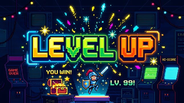 Retro arcade game screen with pixel art and neon colors