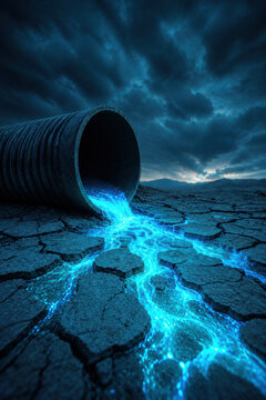Glowing blue liquid spilling from a pipe onto dry cracked desert ground isolated on white background