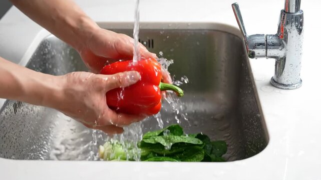 Washing fresh red bell pepper green spinach leaves and bok choy under running water in kitchen sink for clean healthy food preparation
