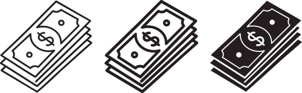 Set of money stack icons, paper currency bills. Set vector.