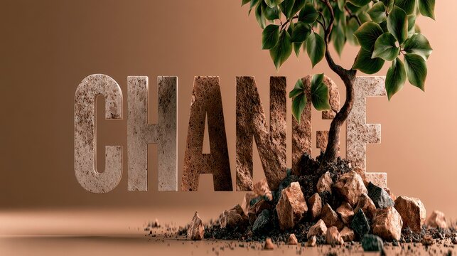 The word CHANGE is formed by stone letters with a tree growing through them. This represents growth and.