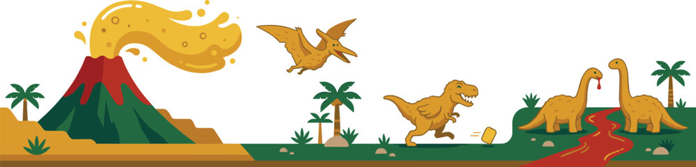 Prehistoric Landscape Scene with Fried Chicken Dinosaurs, Erupting Cheese Sauce Volcano, Flying Pterodactyl, Running T-Rex, and Brachiosaurus Dipping in Ketchup River Vector Illustration © Sreemotimadhobi