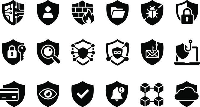 Collection of black and white security shield icons for cybersecurity and protection concepts