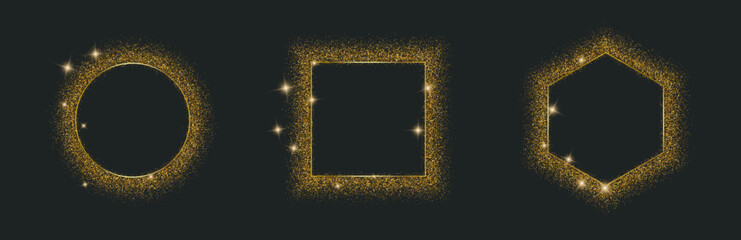 Obraz premium Gold glitter frame set. Circle, square, hexagon outlines with sparkle dust scatter on dark backdrop. Star flare, particle burst accents. For luxury banner, award, label, photo overlay. Vector