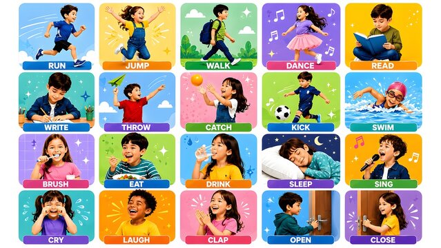 vector icon set of kids doing daily routine activities for educational flashcard illustration
