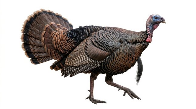 Large adult male turkey walking with feathers spread out and colorful neck isolated on a clean white background studio isolated on white background