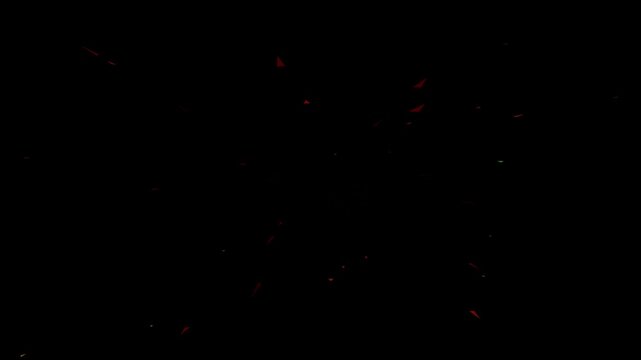 Red geometric sharp shards and triangles exploding outward on black background loop.