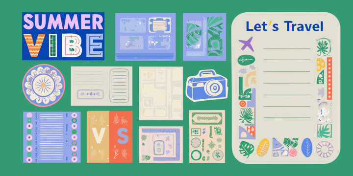 travel stickers in colorful retro style summer vibe camera passport ticket vector illustration vacation holiday adventure exploration tourism destination plane window list notebook