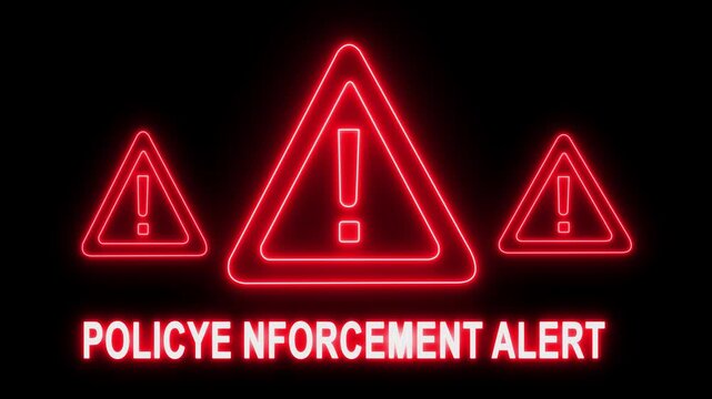 Neon policy enforcement alert sign with glowing warning triangles for cybersecurity and digital safety notifications