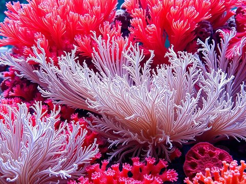 Sea fans wave gently in the current, their feathery tendrils swaying amidst a kaleidoscope of coral hues, tropical water, underwater