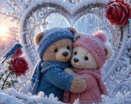 Two cute teddy bears hugging in a snowy winter garden with a heart frame isolated on white background