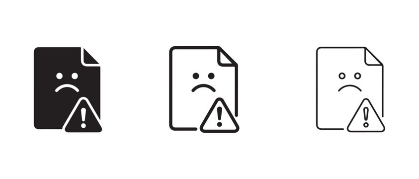 Sad document icons with warning symbol and frown face for error notification and file issues