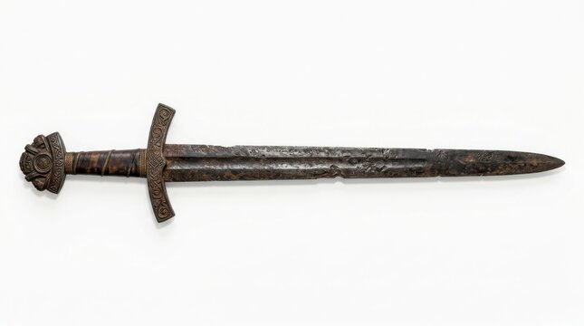 Ancient rusty medieval sword with decorated handle isolated on a white background for historical and fantasy projects isolated on white background