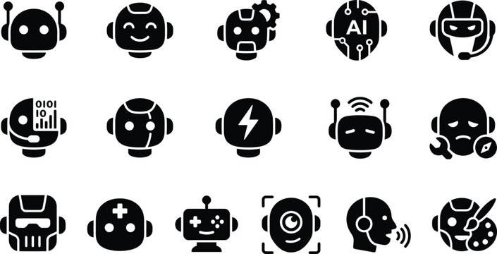 Collection of robot and artificial intelligence icons for tech design projects