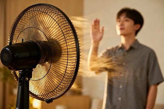 Man Feeling Cool Breeze from Fan in Warm Room