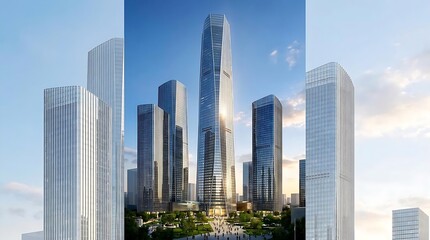 Fototapeta premium Modern glass skyscrapers in city financial district skyline.