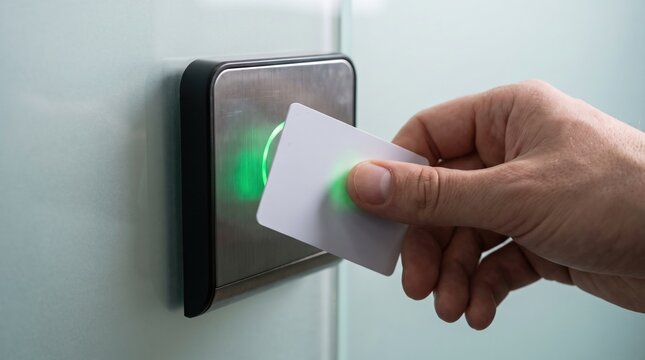A close up view of a hand using a white access card to swipe against an electronic reader on a glass door, indicated by a glowing green light.