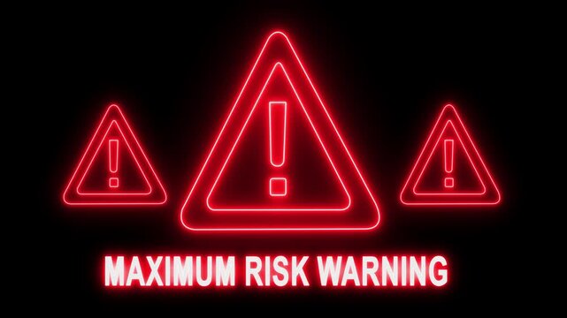 Maximum risk warning neon sign animation, red glowing hazard alert symbols for cybersecurity and industrial safety alerts on black background